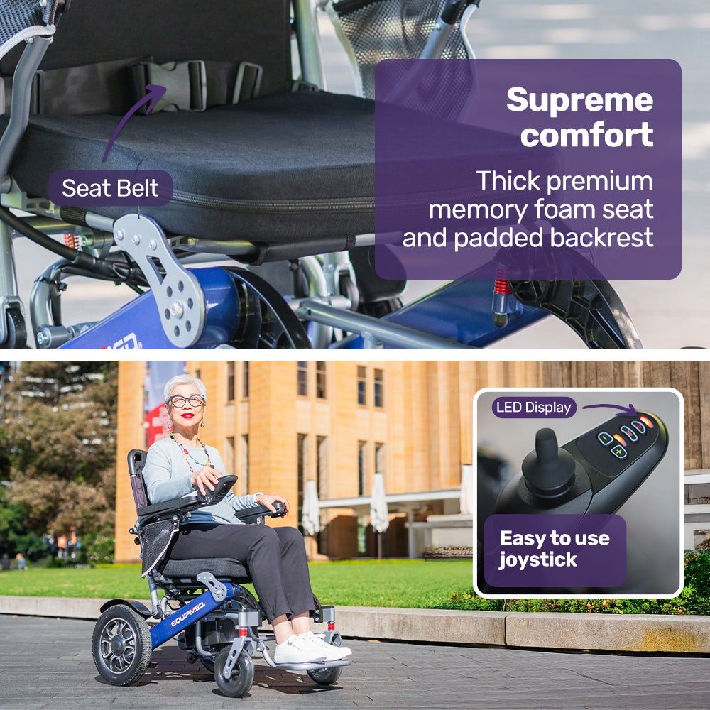 EQUIPMED Power Electric Wheelchair, Long Range, Airline Approved, Folding, Aluminium Frame, Lithium Battery, Blue