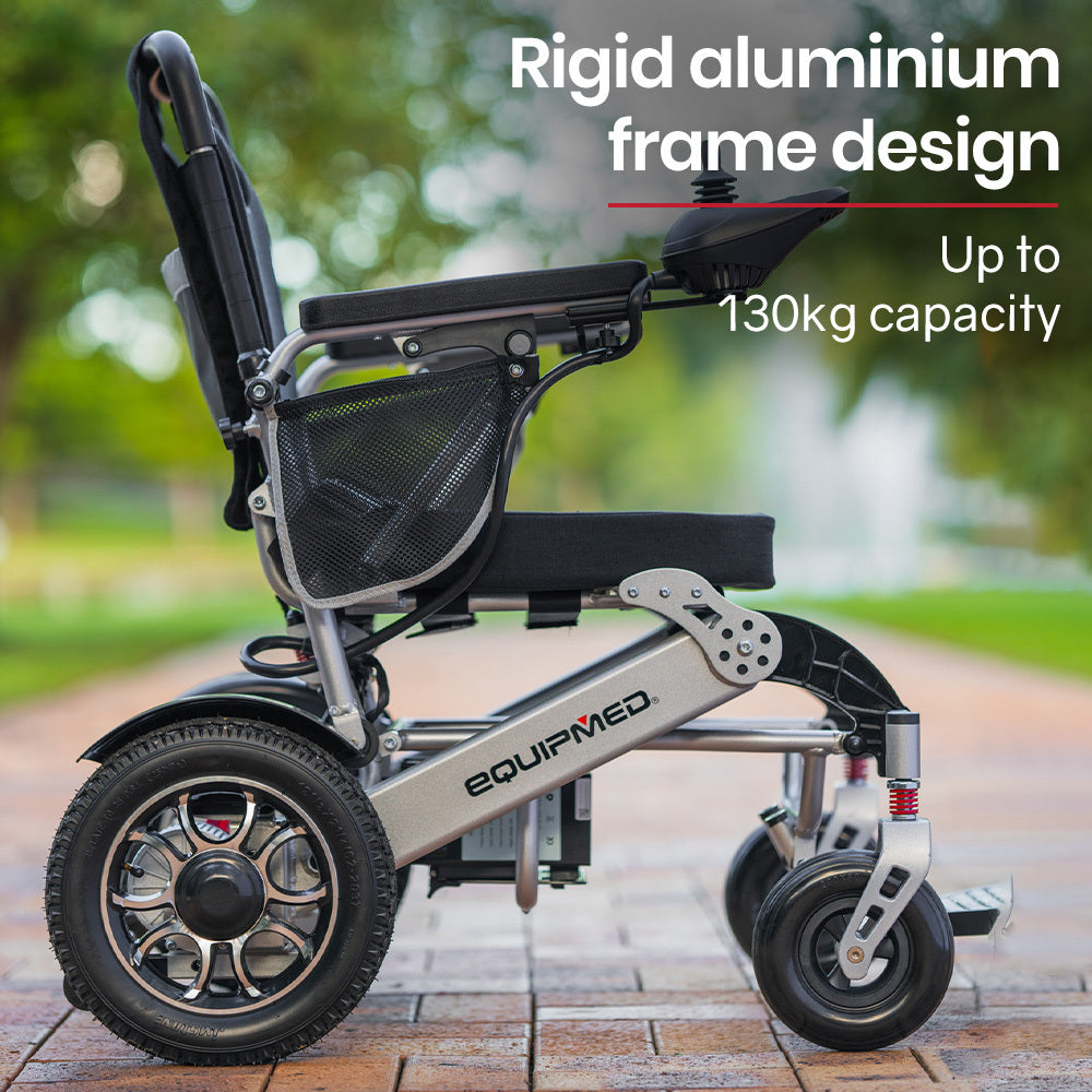 EQUIPMED Power Electric Wheelchair, Airline Approved Wheel Chair, Lightweight, Folding, Long Range, Lithium Batteries, Black & Silver