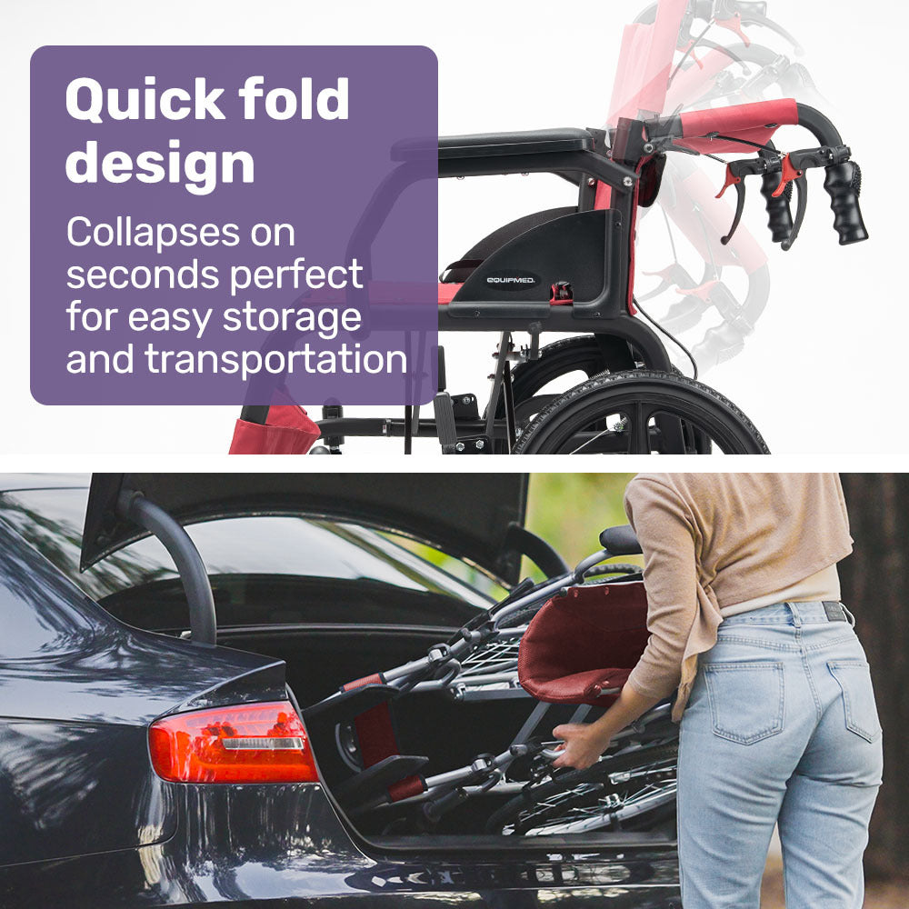 Equipmed Folding Transit Wheelchair, Lightweight Aluminium for Easy Transport, Crimson Red