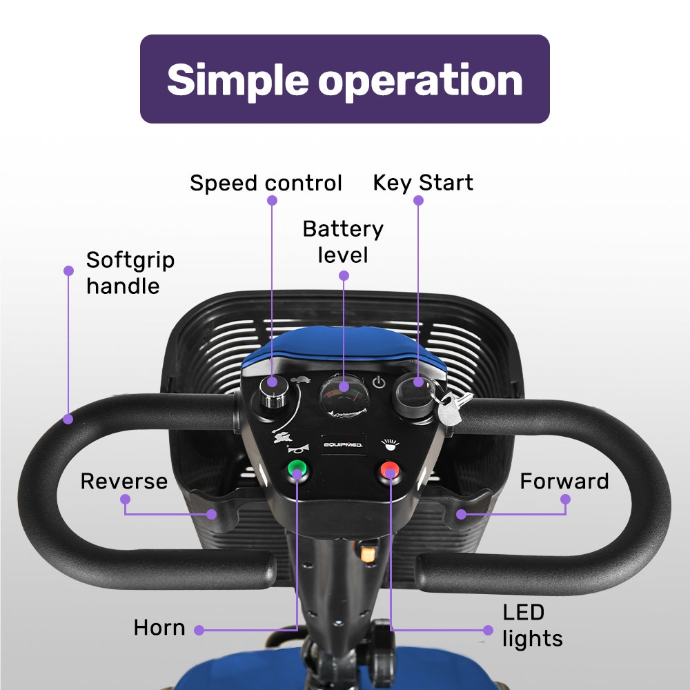 EQUIPMED FreeLite+ Mid-Sized Electric Foldable Mobility Scooter, Lithium Battery, Long Range and Easy Charging, Blue