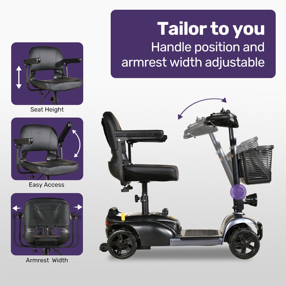 EQUIPMED FreeLite+ Mid-Sized Foldable Electric Mobility Scooter, Lithium Battery, Long Range and Easy Charging, Grey