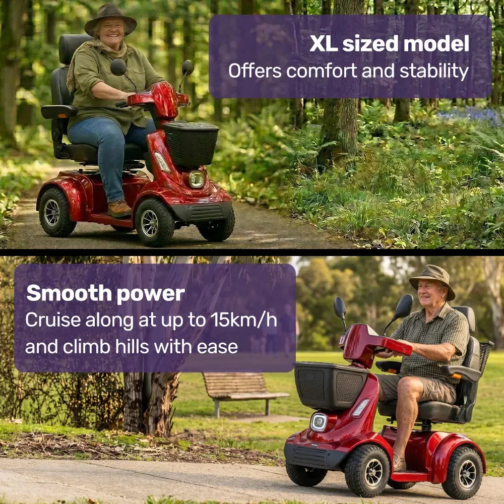 EQUIPMED ComfortCruise Large Mobility Scooter, 15km/h Top Speed, Up to 45km Range, Strong Climbing, 180kg Capacity, Red