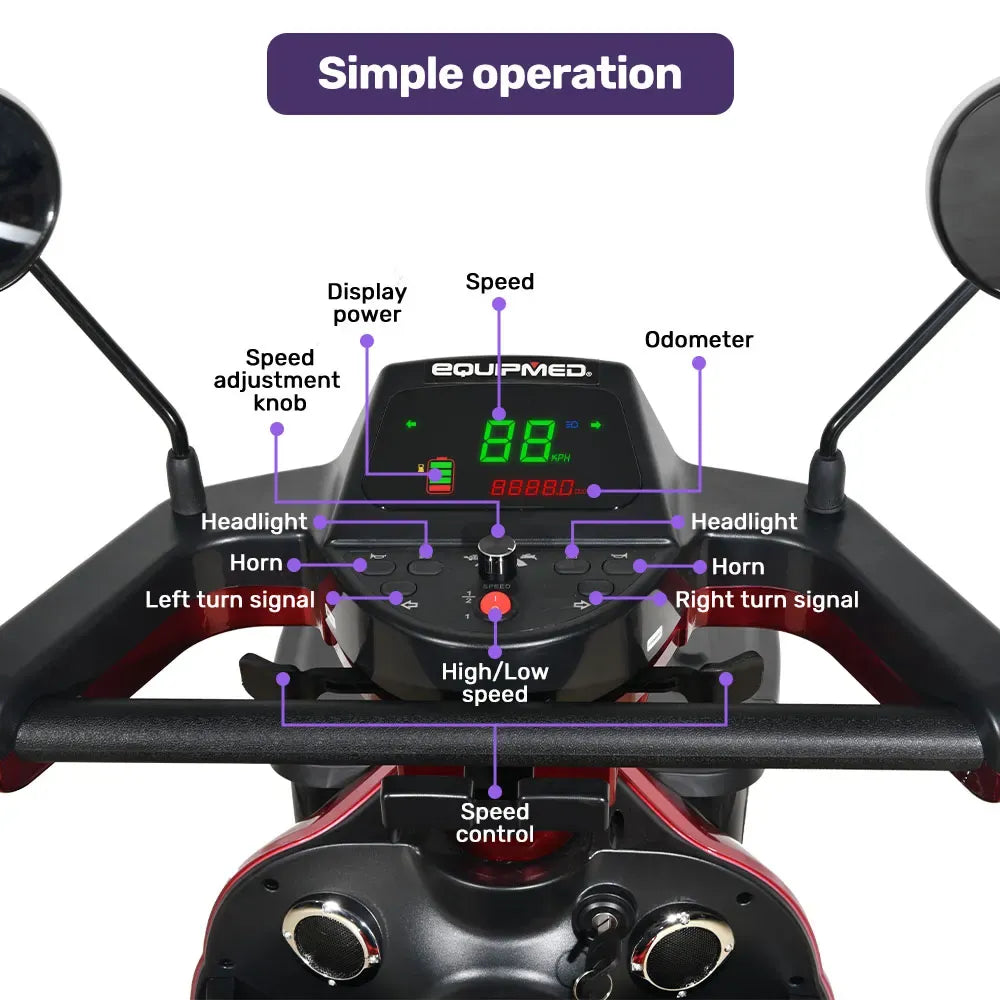 EQUIPMED ComfortCruise Large Mobility Scooter, 15km/h Top Speed, Up to 45km Range, Strong Climbing, 180kg Capacity, Red
