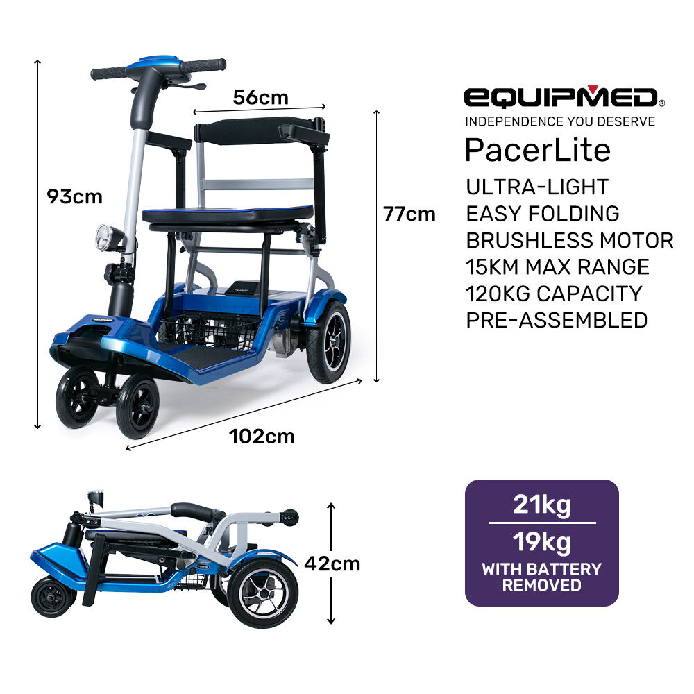 EQUIPMED Ultra-Lightweight Folding Electric Mobility Scooter, 19kg with Battery Removed, Airline Approved, Long Range, Brushless Motor, Portable, Blue