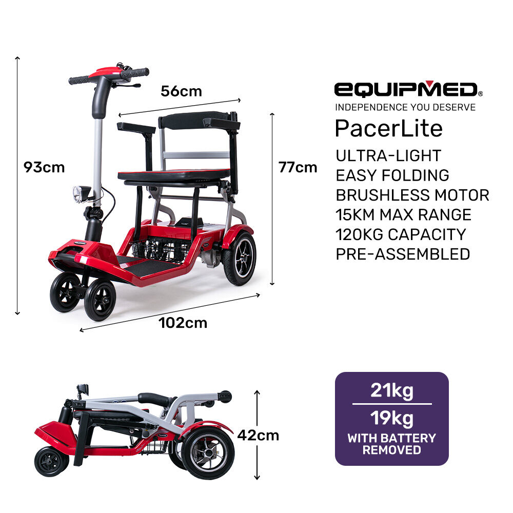 EQUIPMED Ultra-Lightweight Folding Electric Mobility Scooter, 19kg with Battery Removed, Airline Approved, Long Range, Brushless Motor, Portable, Red