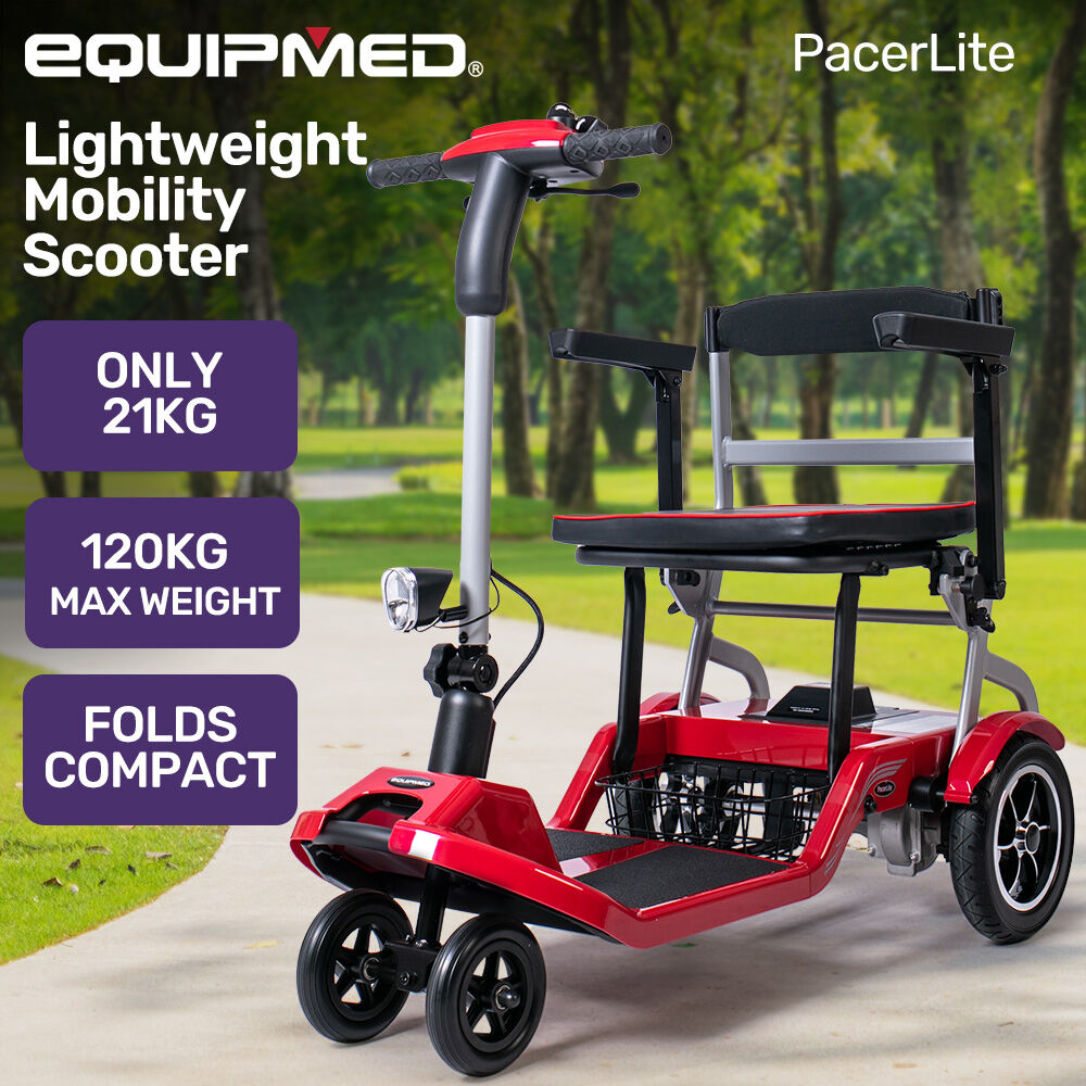EQUIPMED Ultra-Lightweight Folding Electric Mobility Scooter, 19kg with Battery Removed, Airline Approved, Long Range, Brushless Motor, Portable, Red