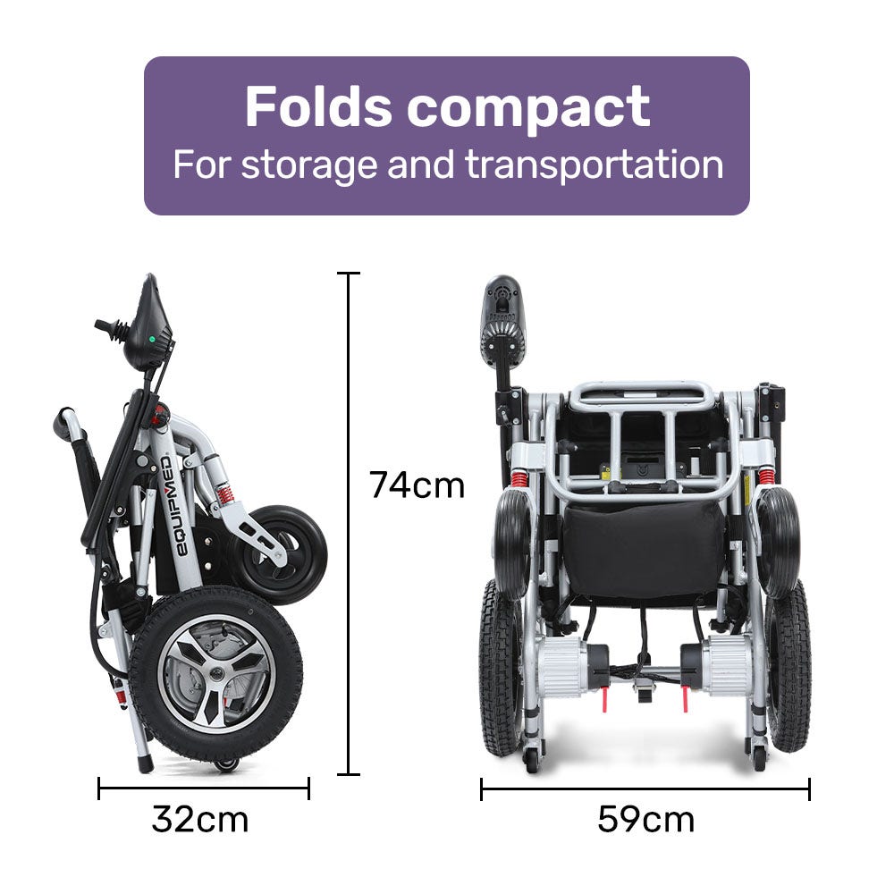 EQUIPMED Ultra-Light Power Wheelchair, Tight Turning, Airline Approved, Folding, ARTG Certified, Aluminium Frame, Lithium Battery, Grey