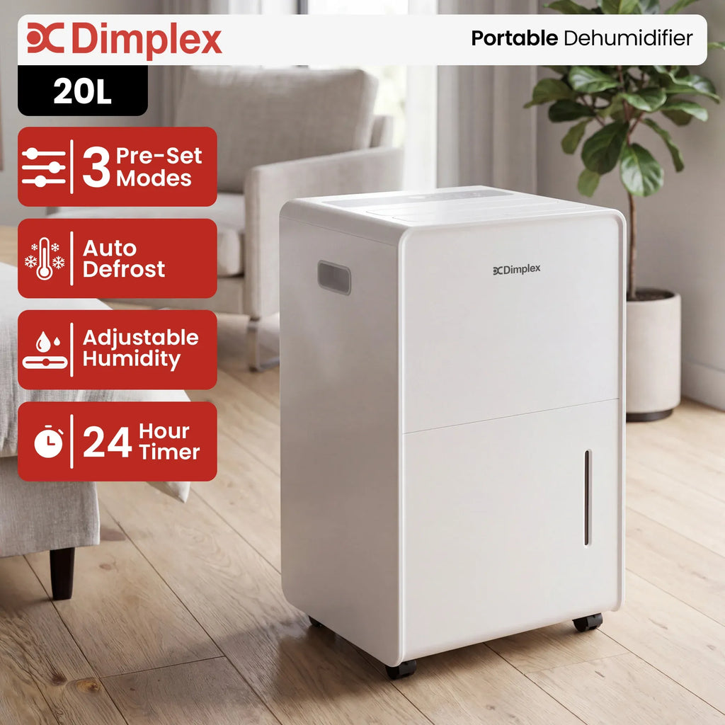 Dimplex 20L Portable Dehumidifier w/ Preset Modes Fan Speeds 4L Water Tank Timer