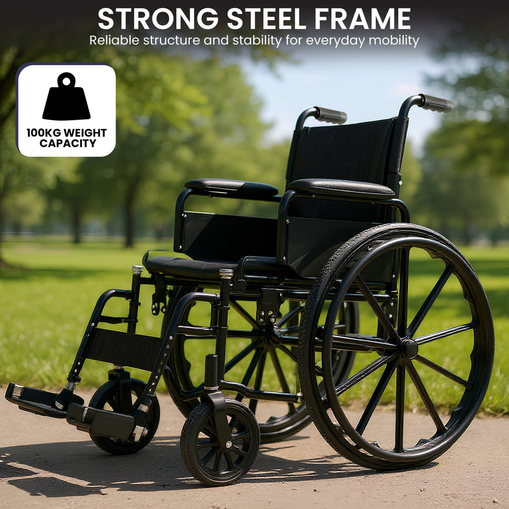 Orthonica New Steel Wheelchair In Black Foldable Lightweight Disability Aid Portable Heavy-duty 24-inch Adjustable Footrest Steel Frame
