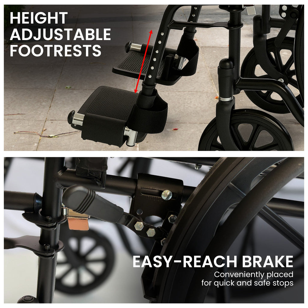 Orthonica New Steel Wheelchair In Black Foldable Lightweight Disability Aid Portable Heavy-duty 24-inch Adjustable Footrest Steel Frame