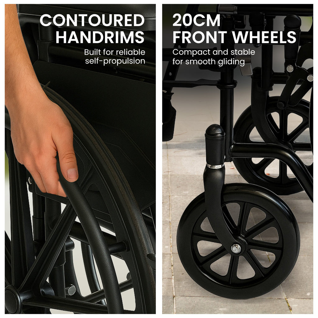 Orthonica New Steel Wheelchair In Black Foldable Lightweight Disability Aid Portable Heavy-duty 24-inch Adjustable Footrest Steel Frame