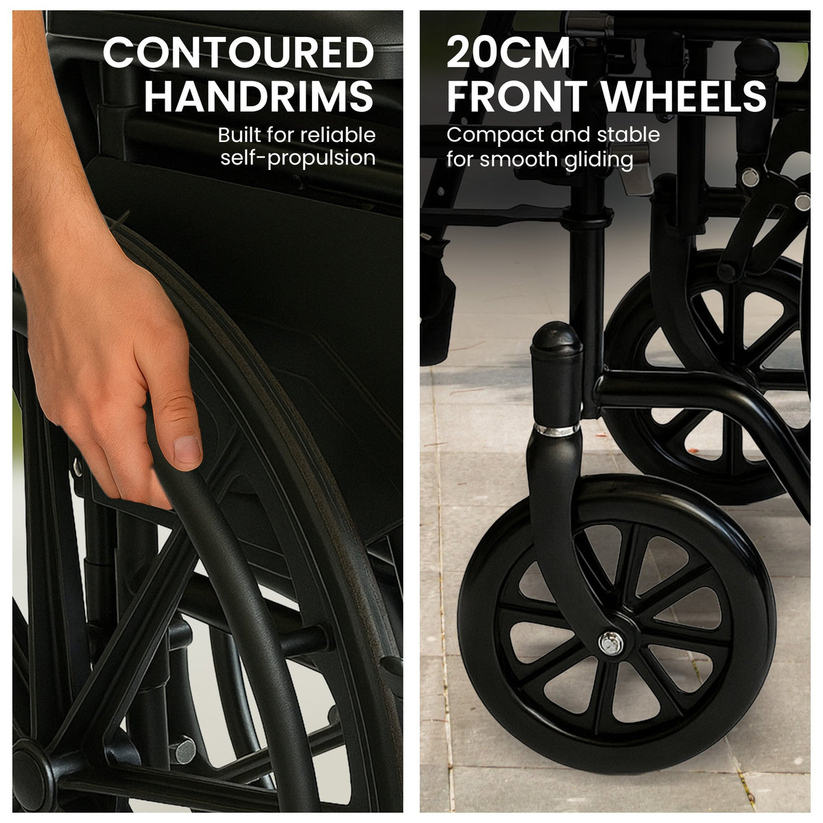 Orthonica New Steel Wheelchair In Black Foldable Lightweight Disability Aid Portable Heavy-duty 24-inch Adjustable Footrest Steel Frame