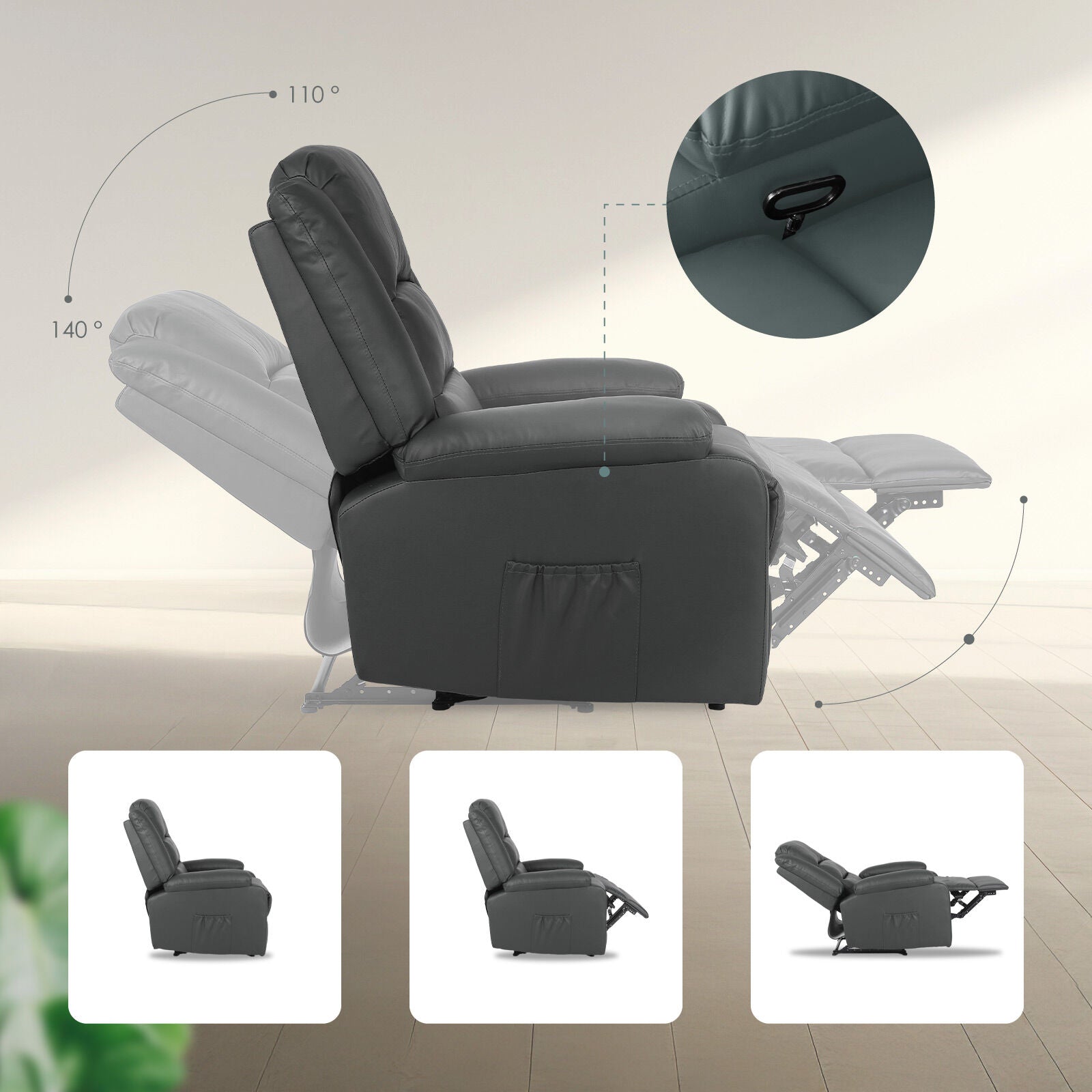 Home Recliner Chair - PU Leather Sofa Lounge Armchair MARLO GREY