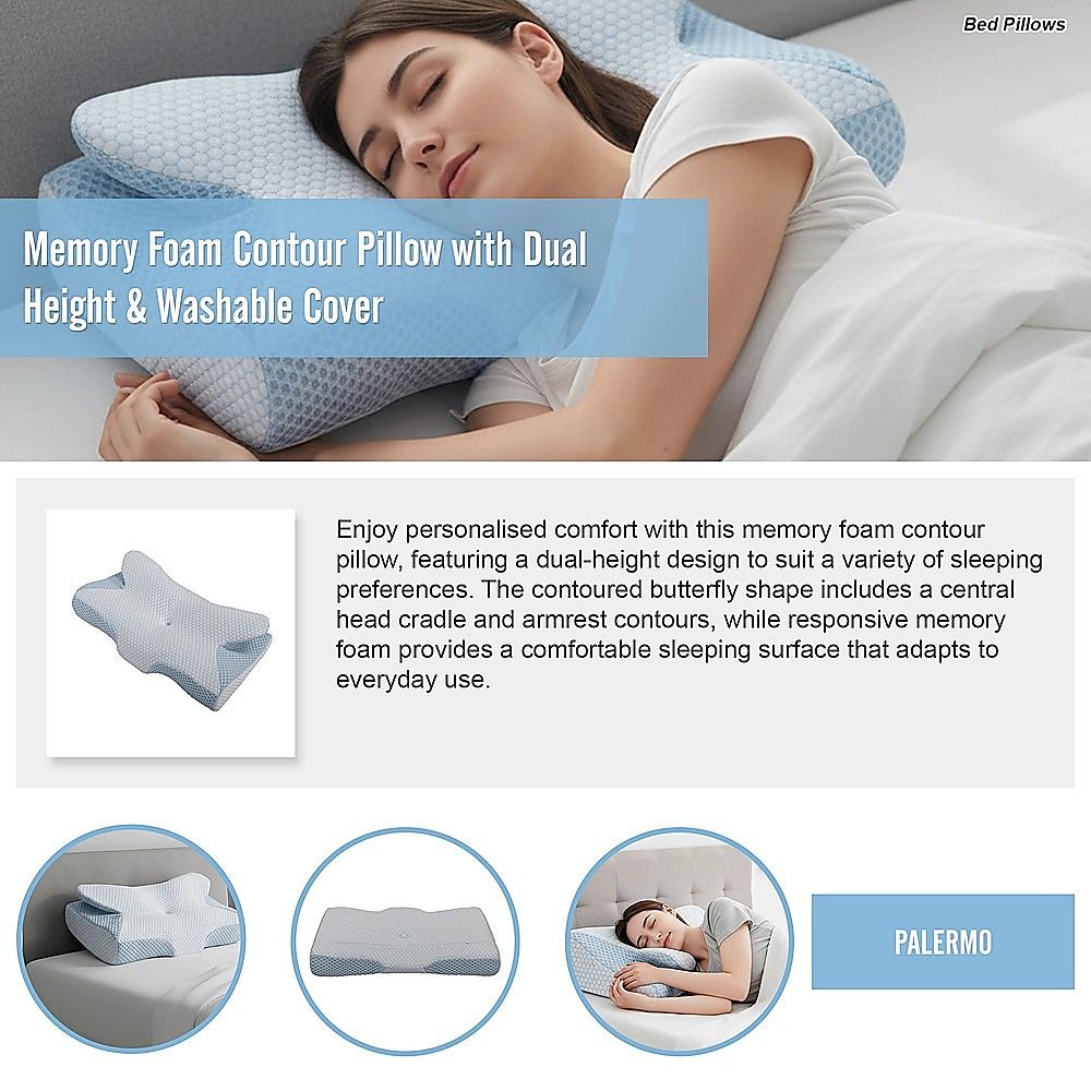 Memory Foam Contour Pillow with Dual Height Design & Washable Cover