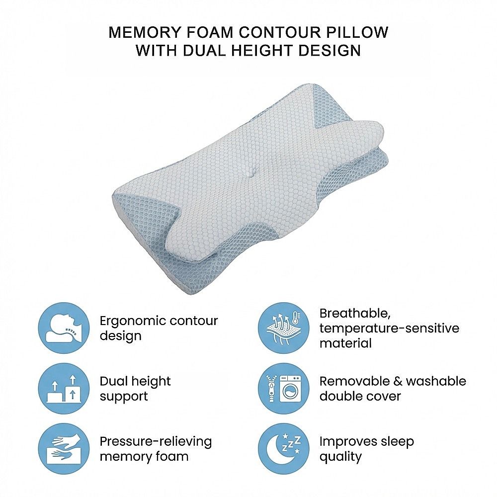 Memory Foam Contour Pillow with Dual Height Design & Washable Cover