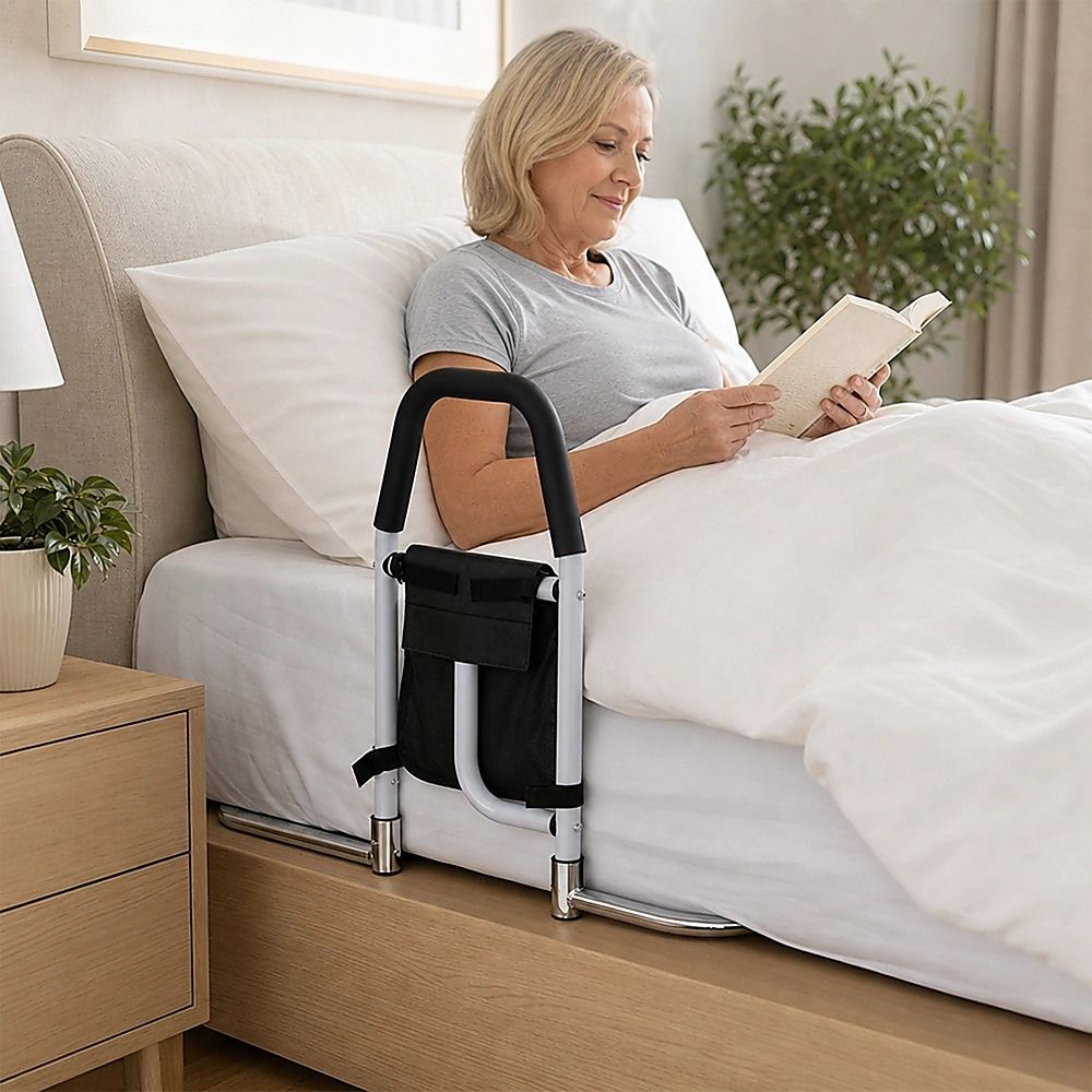 Adjustable Bed Rail with Multi-Grip Handle, Storage Pouch & Under Mattress Frame