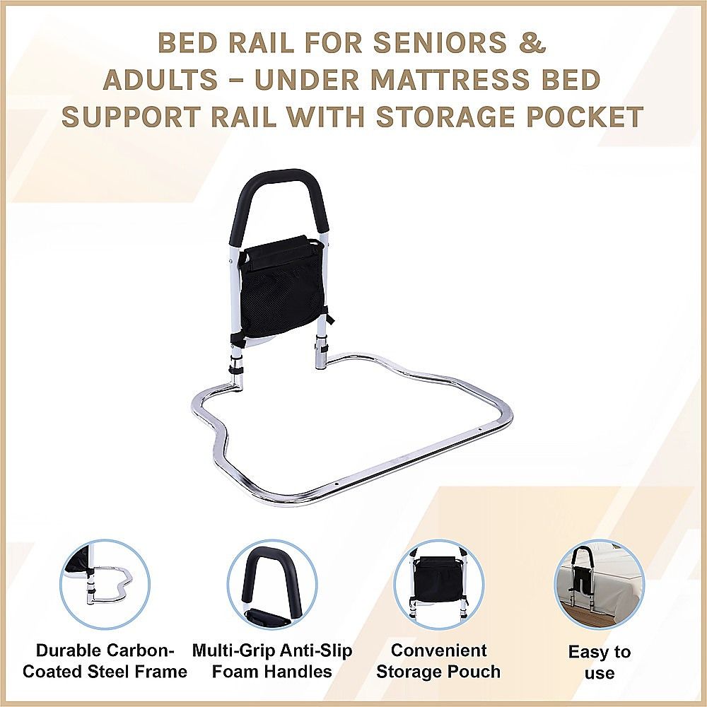 Adjustable Bed Rail with Multi-Grip Handle, Storage Pouch & Under Mattress Frame