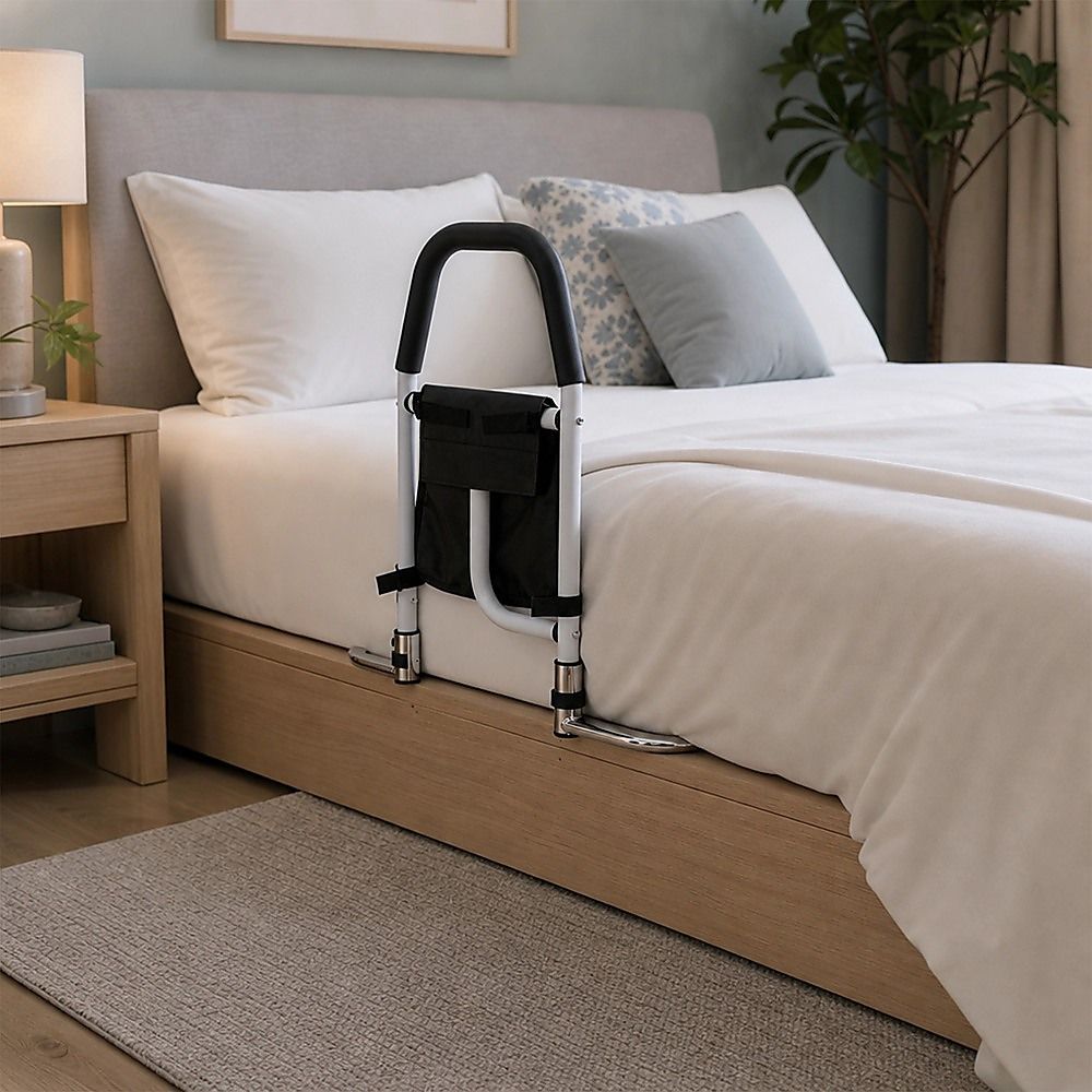 Adjustable Bed Rail with Multi-Grip Handle, Storage Pouch & Under Mattress Frame
