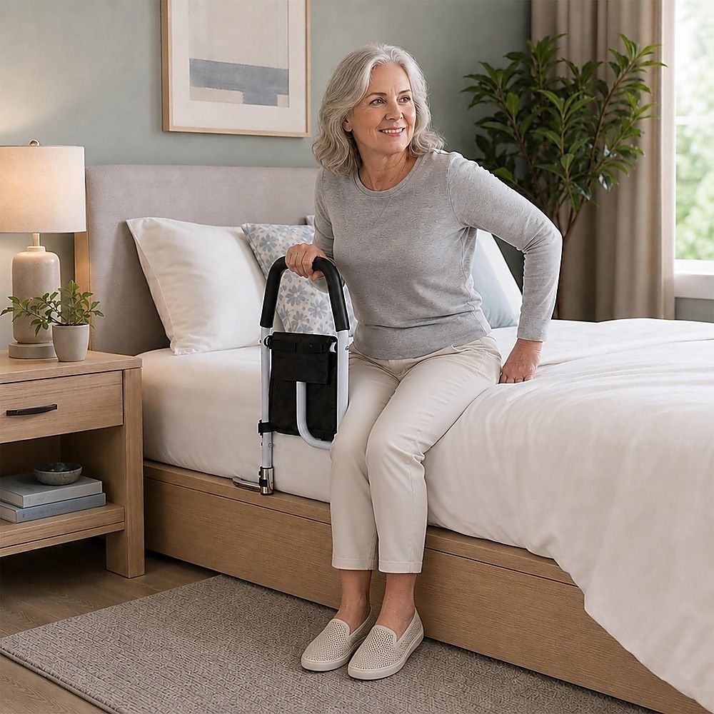 Adjustable Bed Rail with Multi-Grip Handle, Storage Pouch & Under Mattress Frame
