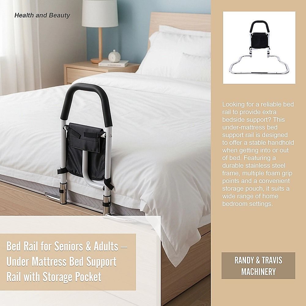 Adjustable Bed Rail with Multi-Grip Handle, Storage Pouch & Under Mattress Frame