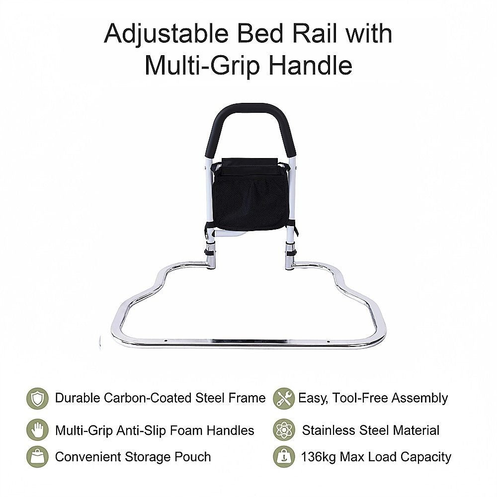 Adjustable Bed Rail with Multi-Grip Handle, Storage Pouch & Under Mattress Frame