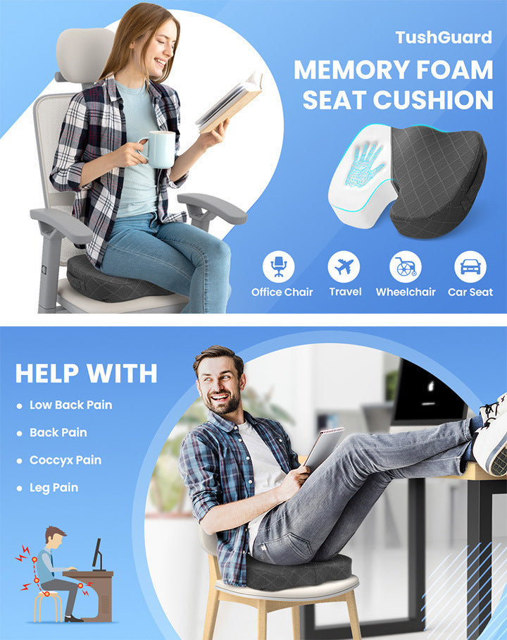 Black Memory Foam Seat Cushion – Ergonomic Support for Office, Car, Wheelchair, and Home Use