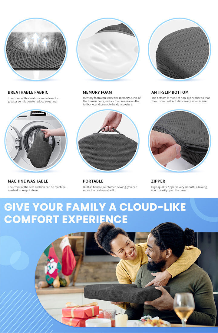 Black Memory Foam Seat Cushion – Ergonomic Support for Office, Car, Wheelchair, and Home Use