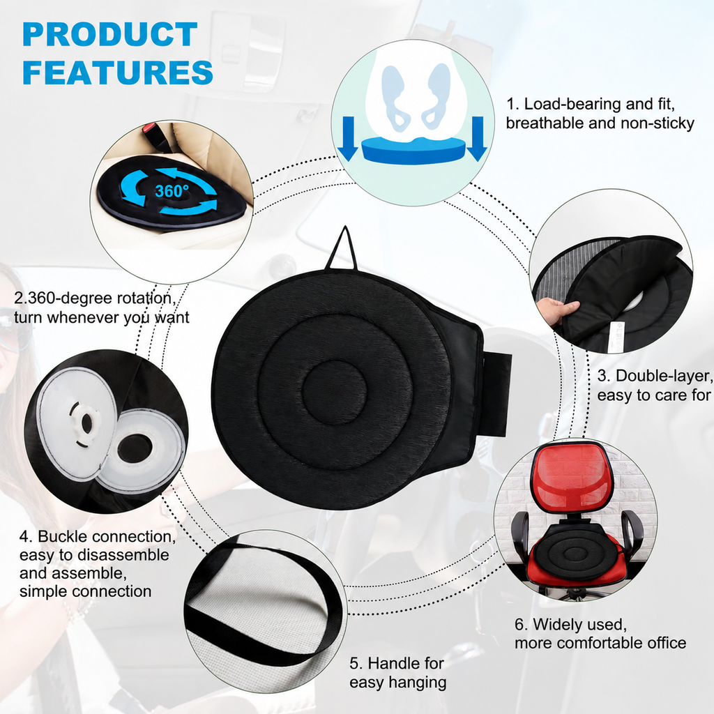 Dark Red 360° Swivel Car Seat Cushion – Portable Rotating Transfer Aid for Elderly, Pregnant Women & Mobility Support
