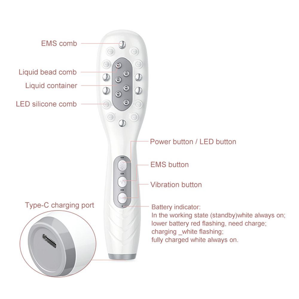White Smart Scalp Massage Comb with EMS, LED Light Therapy & Vibration – Rechargeable Hair Growth Applicator