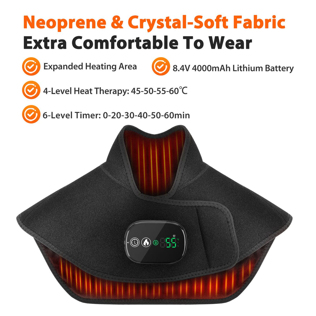 Black Wireless Large Coverage Heated Shoulder & Neck Wrap - TypeC Rechargeable Thermal Therapy Shawl with 4 Temp Levels & 5 Timers