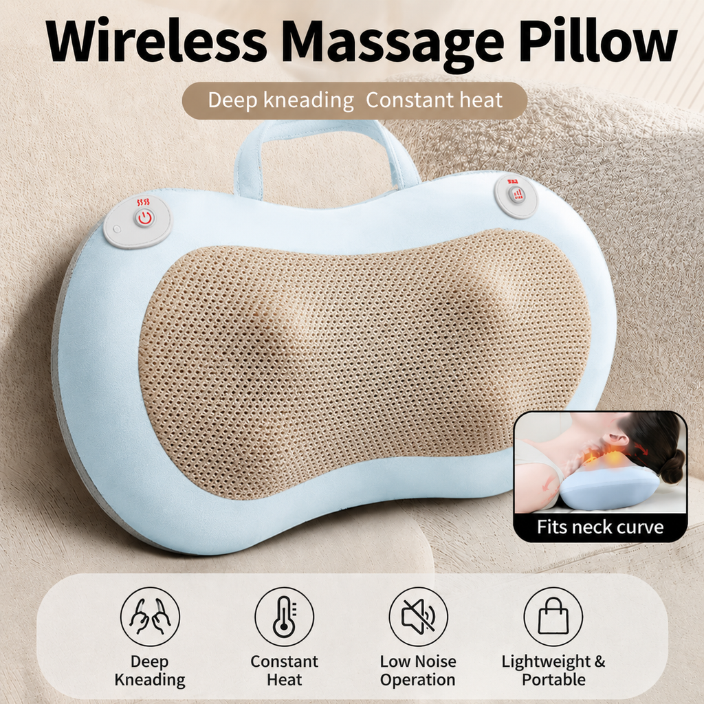 Blue Wireless Rechargeable Cervical & Lumbar Massager Pillow with 4 High/Low Massage Points, 42°C Constant Heat, 3 Speeds and Adjustable Strap – Multifunctional Shiatsu Back Massage Cushion for Neck Waist Shoulder Relief