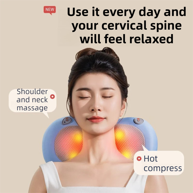 Blue Wireless Rechargeable Cervical & Lumbar Massager Pillow with 4 High/Low Massage Points, 42°C Constant Heat, 3 Speeds and Adjustable Strap – Multifunctional Shiatsu Back Massage Cushion for Neck Waist Shoulder Relief