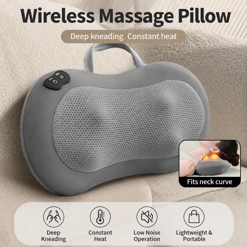 Grey Wireless Rechargeable Cervical & Lumbar Massager Pillow with 4 High/Low Massage Points, 42°C Constant Heat, 3 Speeds and Adjustable Strap – Multifunctional Shiatsu Back Massage Cushion for Neck Waist Shoulder Relief