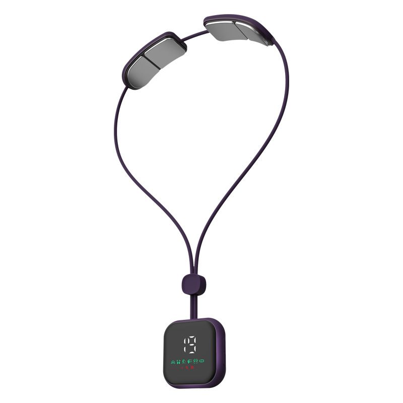 Purple Lightweight Rechargeable Heated Cervical Massager - EMS TENS Pulse Neck Shoulder Therapy Device with 6 Massage Modes & 19 Intensity Levels, 3 Level Heat Compression, Large Digital Display and Tightening Buckle