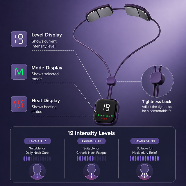 Purple Lightweight Rechargeable Heated Cervical Massager - EMS TENS Pulse Neck Shoulder Therapy Device with 6 Massage Modes & 19 Intensity Levels, 3 Level Heat Compression, Large Digital Display and Tightening Buckle