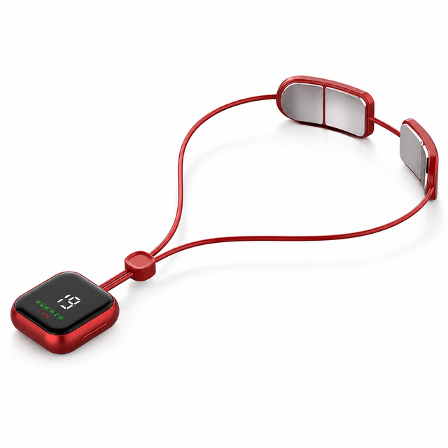 Red Lightweight Rechargeable Heated Cervical Massager - EMS TENS Pulse Neck Shoulder Therapy Device with 6 Massage Modes & 19 Intensity Levels, 3 Level Heat Compression, Large Digital Display and Tightening Buckle