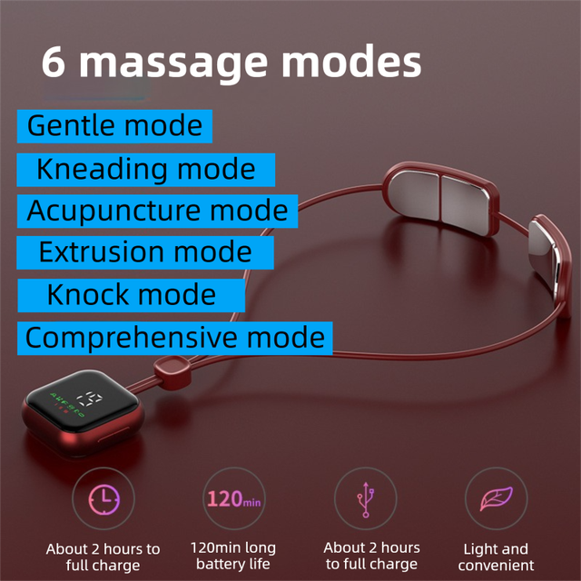 Red Lightweight Rechargeable Heated Cervical Massager - EMS TENS Pulse Neck Shoulder Therapy Device with 6 Massage Modes & 19 Intensity Levels, 3 Level Heat Compression, Large Digital Display and Tightening Buckle