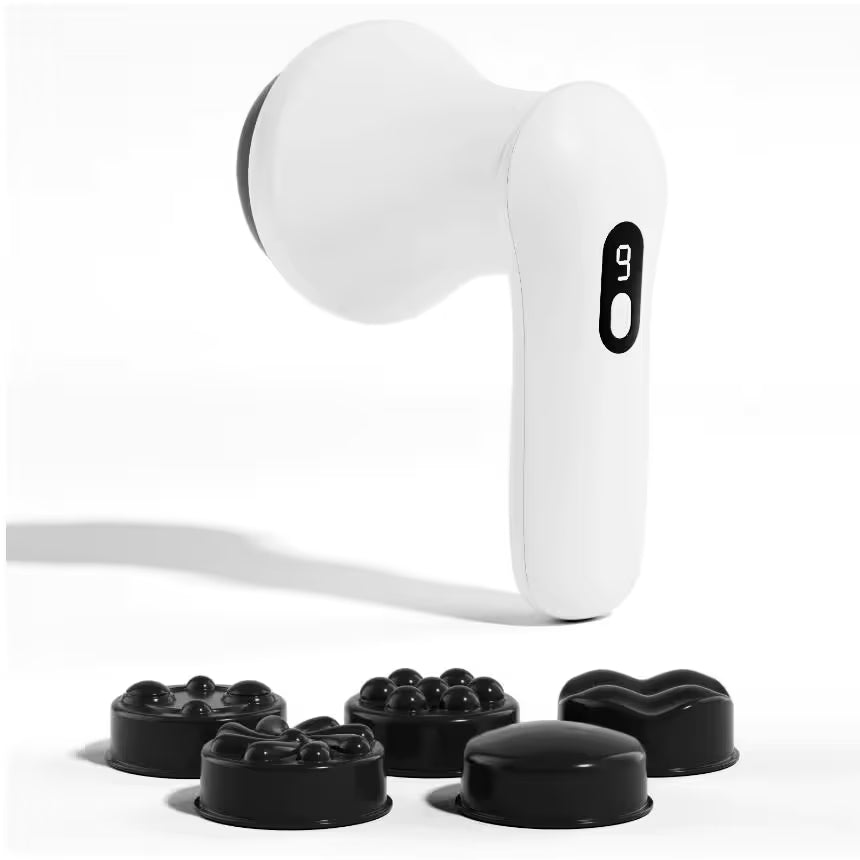 White Wireless Multi Function Fat Burning & Body Shaping Massager with 9 Speed Levels, 5 Massage Heads, Smart Digital Display and Type-C Charging - Portable Slimming Vibration Machine for Muscle Relaxation Sculpting