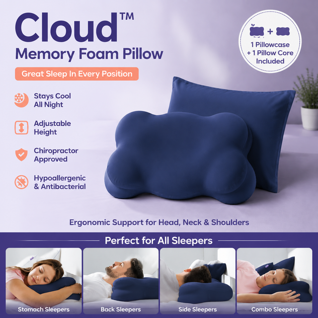 Navy Blue Cloud Memory Foam Cervical Support Pillow Core and Cover (60 x 30 x 10CM) – Ergonomic Neck Orthopedic Contour Pillow for Side Back & Stomach Sleepers, Deep Sleeping and Pressure Relieving