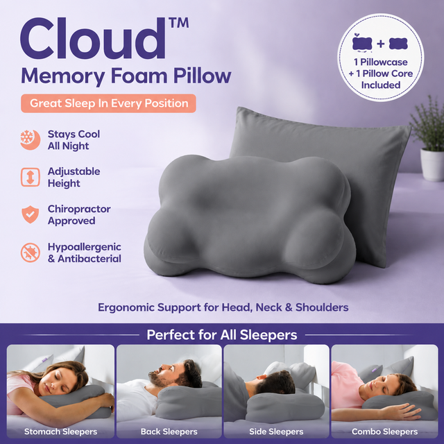 Grey Cloud Memory Foam Cervical Support Pillow Core and Cover (60 x 30 x 10CM) – Ergonomic Neck Orthopedic Contour Pillow for Side Back & Stomach Sleepers, Deep Sleeping and Pressure Relieving