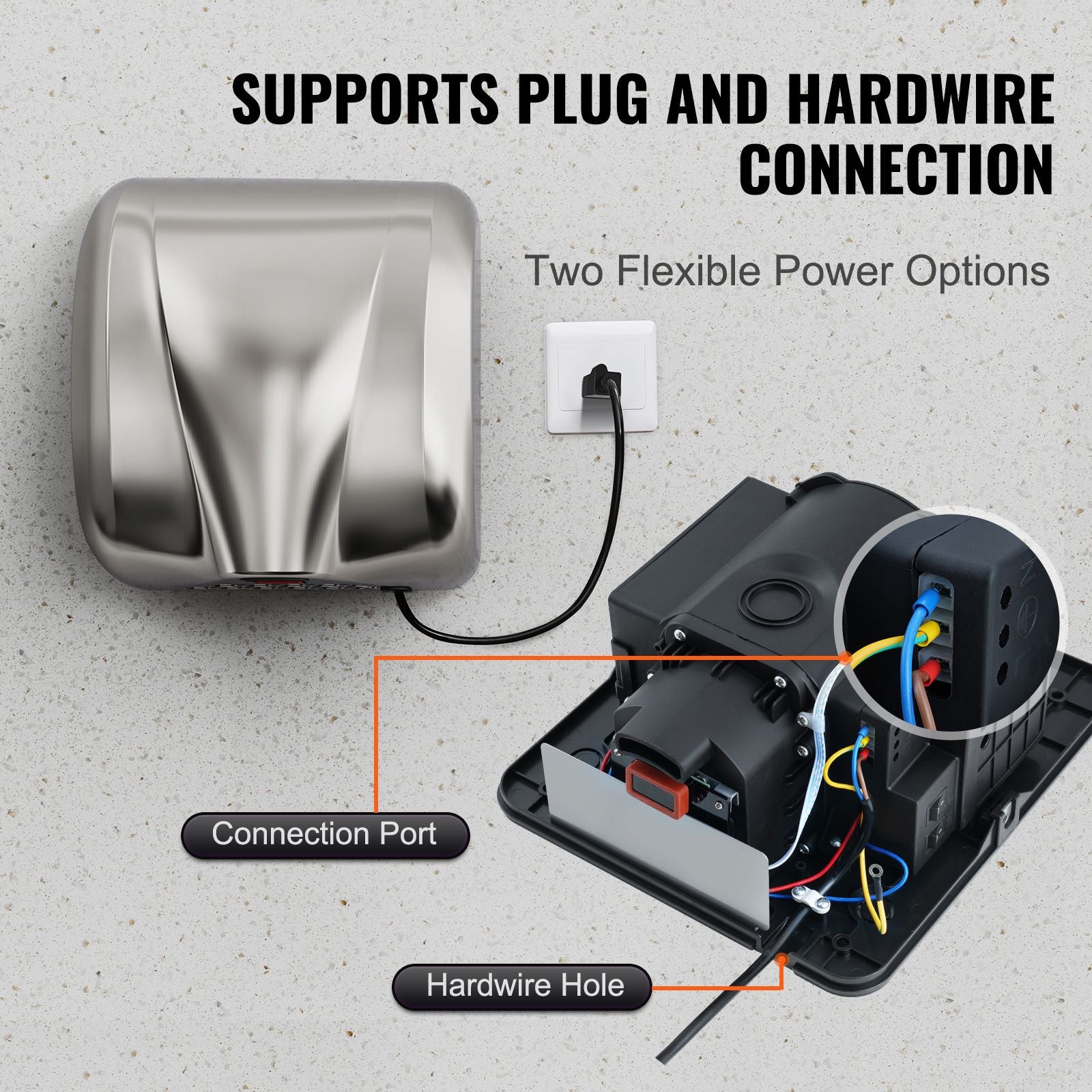 Heavy Duty Commercial Hand Dryer, 1800W Automatic High Speed Stainless Steel Warm Wind Hand Blower, 220V-240V Plug In/Hardwired Two Power Options, Compliant for Industry Business Restrooms