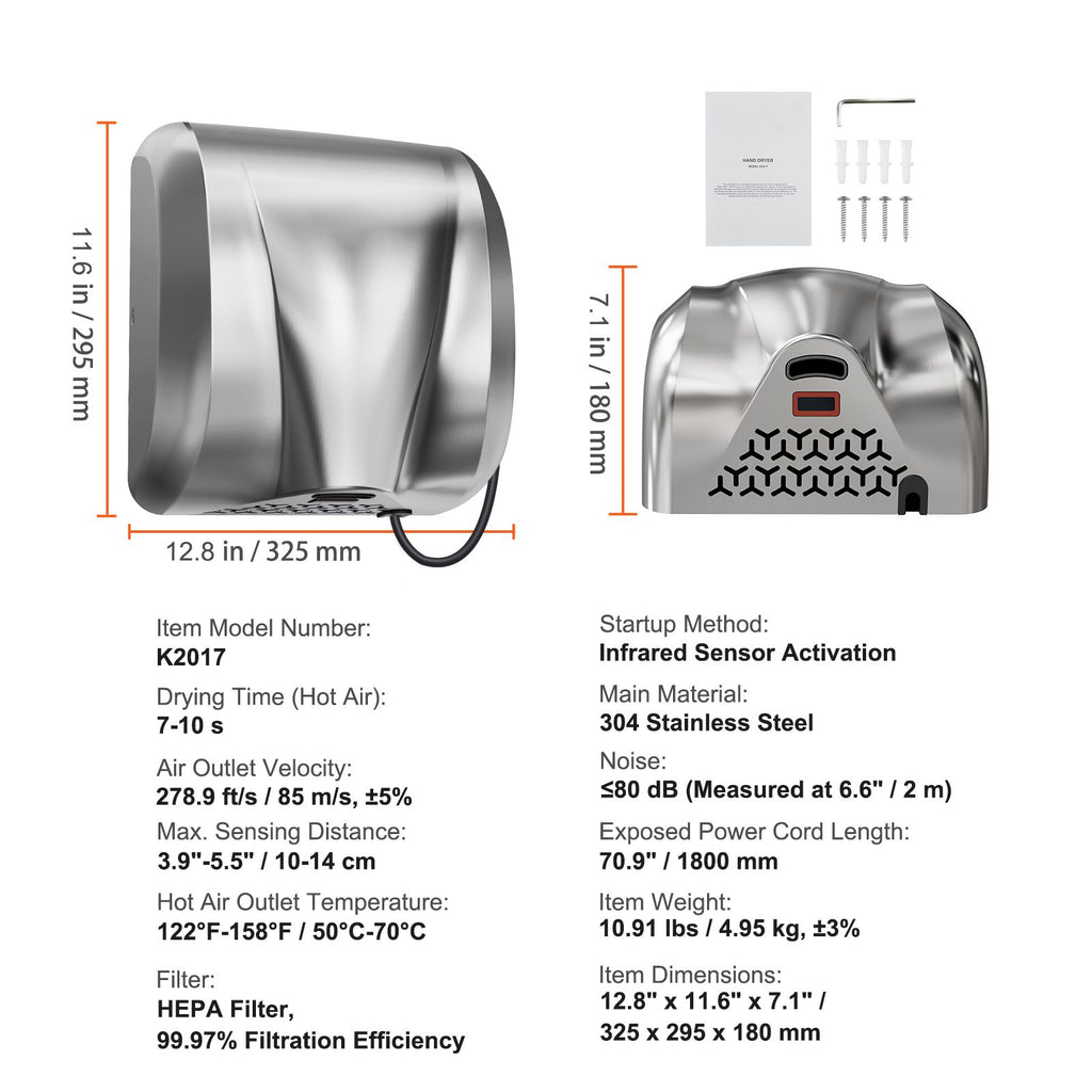 Heavy Duty Commercial Hand Dryer, 1800W Automatic High Speed Stainless Steel Warm Wind Hand Blower, 220V-240V Plug In/Hardwired Two Power Options, Compliant for Industry Business Restrooms