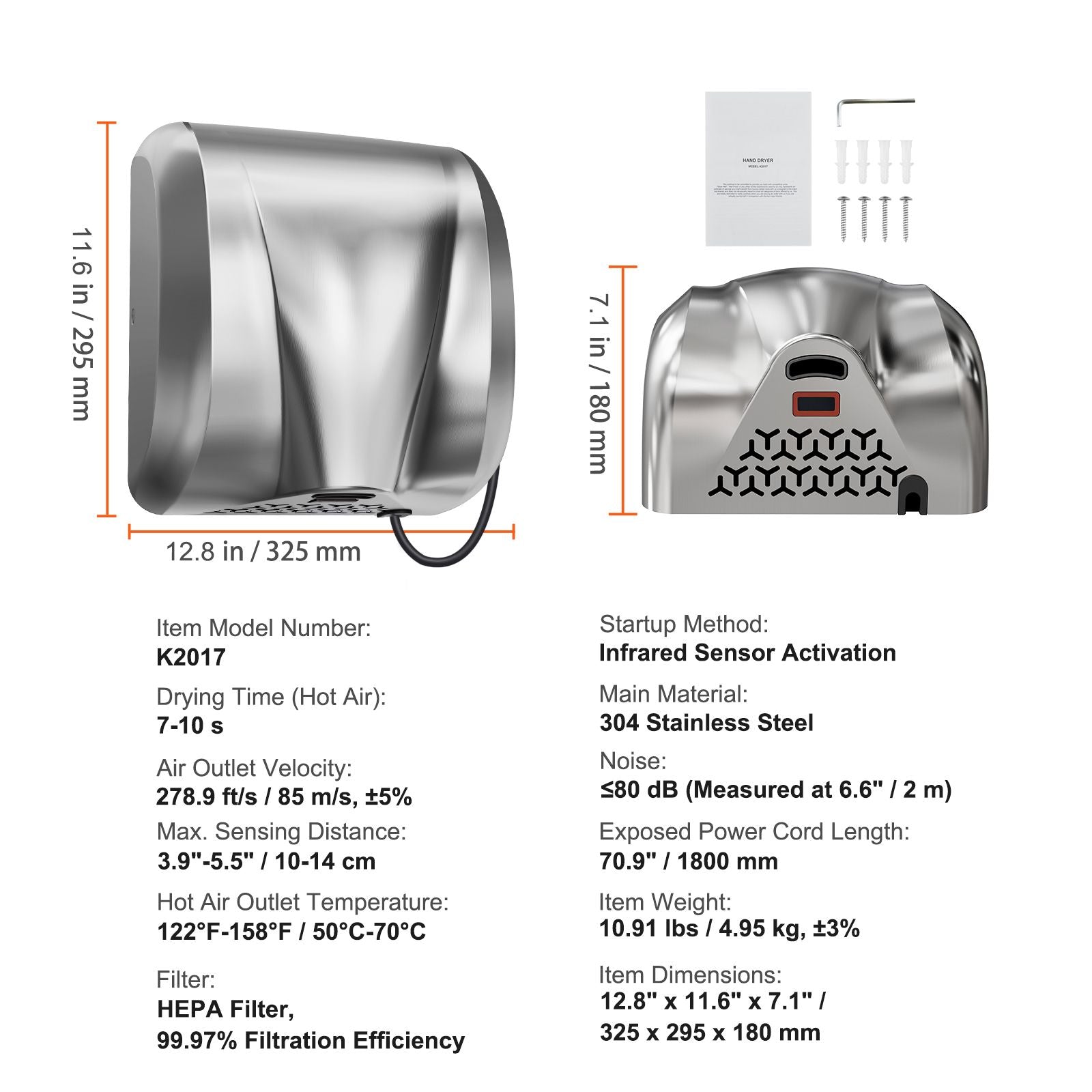 Heavy Duty Commercial Hand Dryer, 1800W Automatic High Speed Stainless Steel Warm Wind Hand Blower, 220V-240V Plug In/Hardwired Two Power Options, Compliant for Industry Business Restrooms