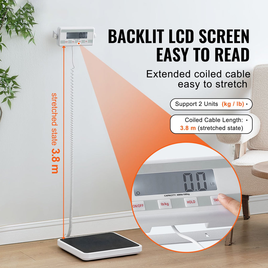 Portable Medical Scale, Professional Digital Physician Scale for Weighing - with Anti-Slip Mat, 2 Units (kg/lb), Hold & Tare Function, 400LBS Capacity Physician Wight Scale for Gym Home Hospital