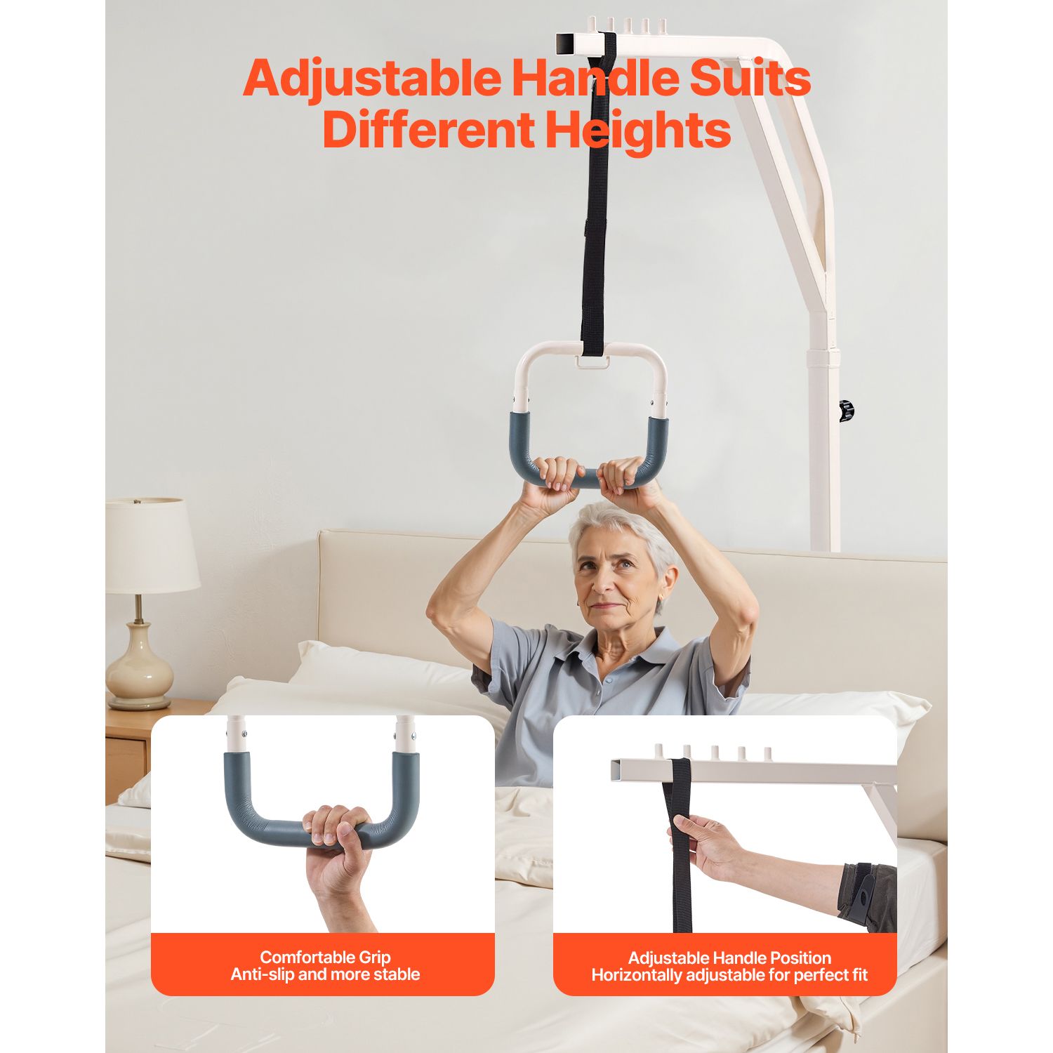 Trapeze Bar for Bed Mobility, Height-Adjustable Free Standing Trapeze Bar with 2 Wheels, 300LBS Capacity Bed Pull Up Assist for Elderly Disabled, Ideal for Hospital, Nursing Home & Home Care