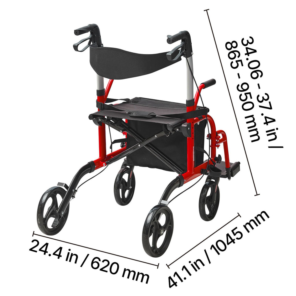 2 in 1 Rollator Walker & Transport Chair for Seniors, Folding Rolling Walker Wheelchair Combo & Footrests, Lightweight Aluminum Mobility Walker with Adjustable Handle, All Terrain Wheels, 136KG