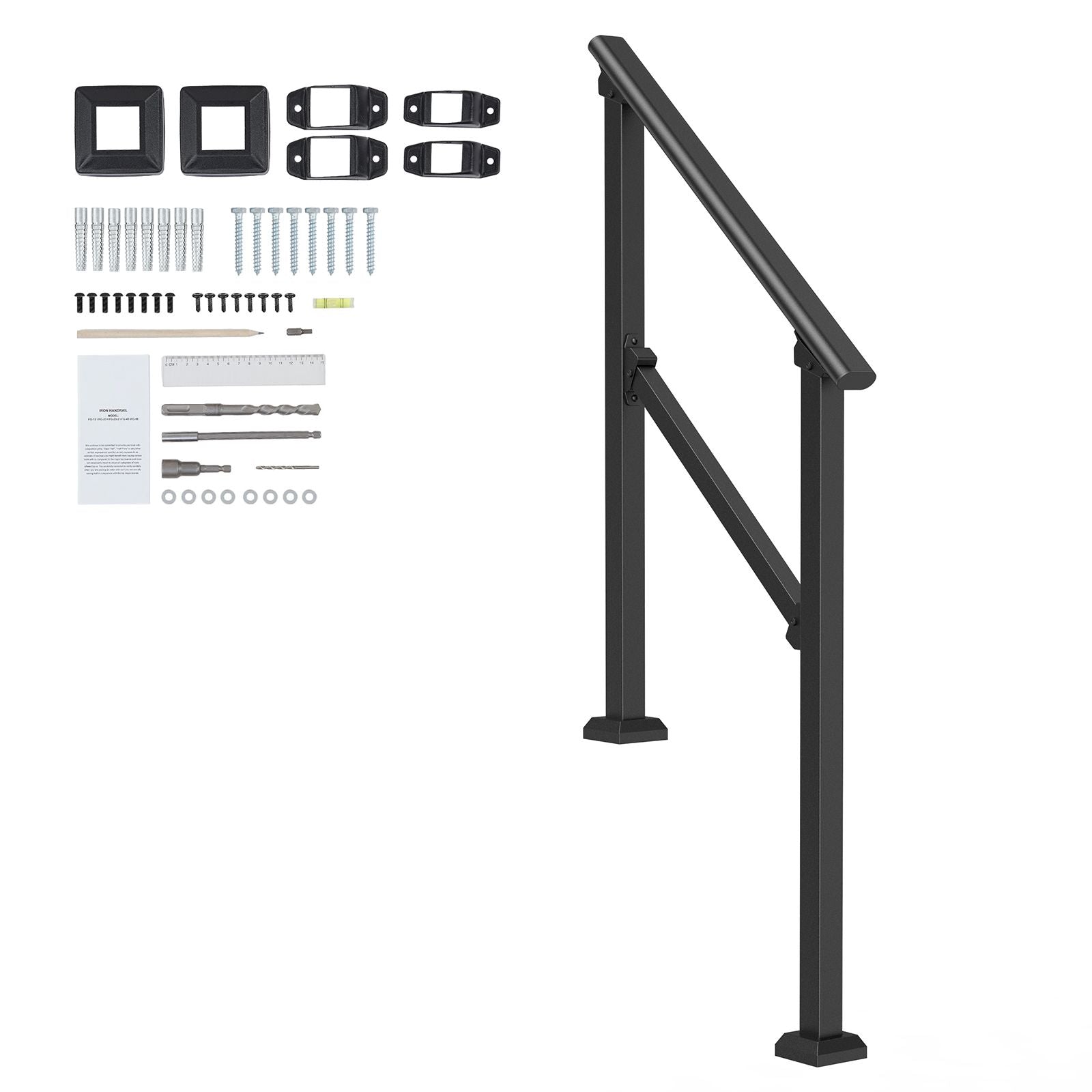 Handrails for Outdoor Steps, 2-3 Step Stair Hand Rail Kit, Transitional Carbon Steel Railings with Installation Kit, Stair Rails for Seniors, Concrete Steps & Porch & Deck, Black Square Tube