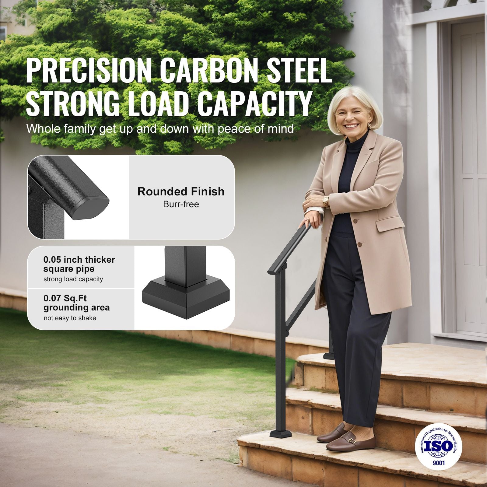 Handrails for Outdoor Steps, 2-3 Step Stair Hand Rail Kit, Transitional Carbon Steel Railings with Installation Kit, Stair Rails for Seniors, Concrete Steps & Porch & Deck, Black Square Tube