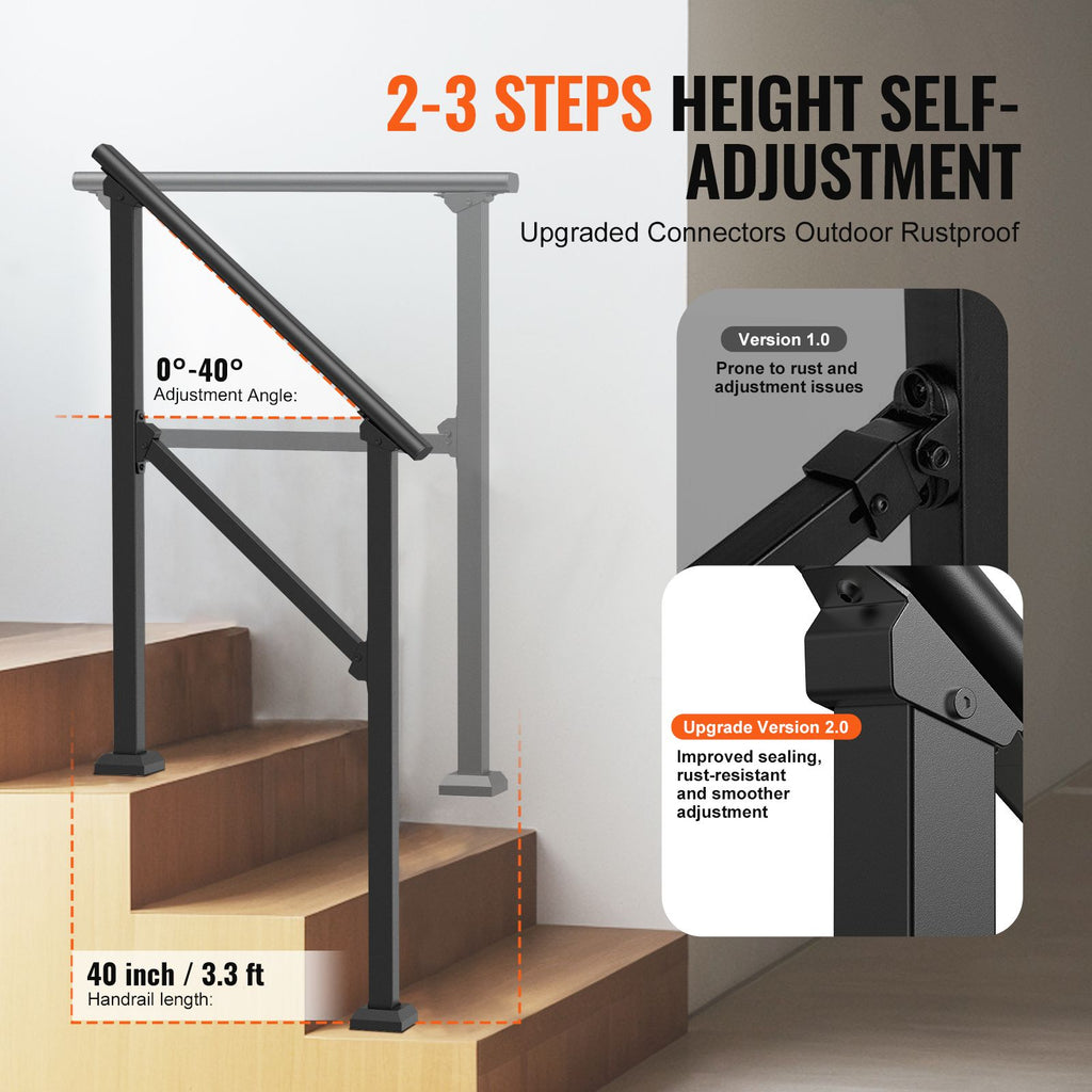 Handrails for Outdoor Steps, 2-3 Step Stair Hand Rail Kit, Transitional Carbon Steel Railings with Installation Kit, Stair Rails for Seniors, Concrete Steps & Porch & Deck, Black Square Tube