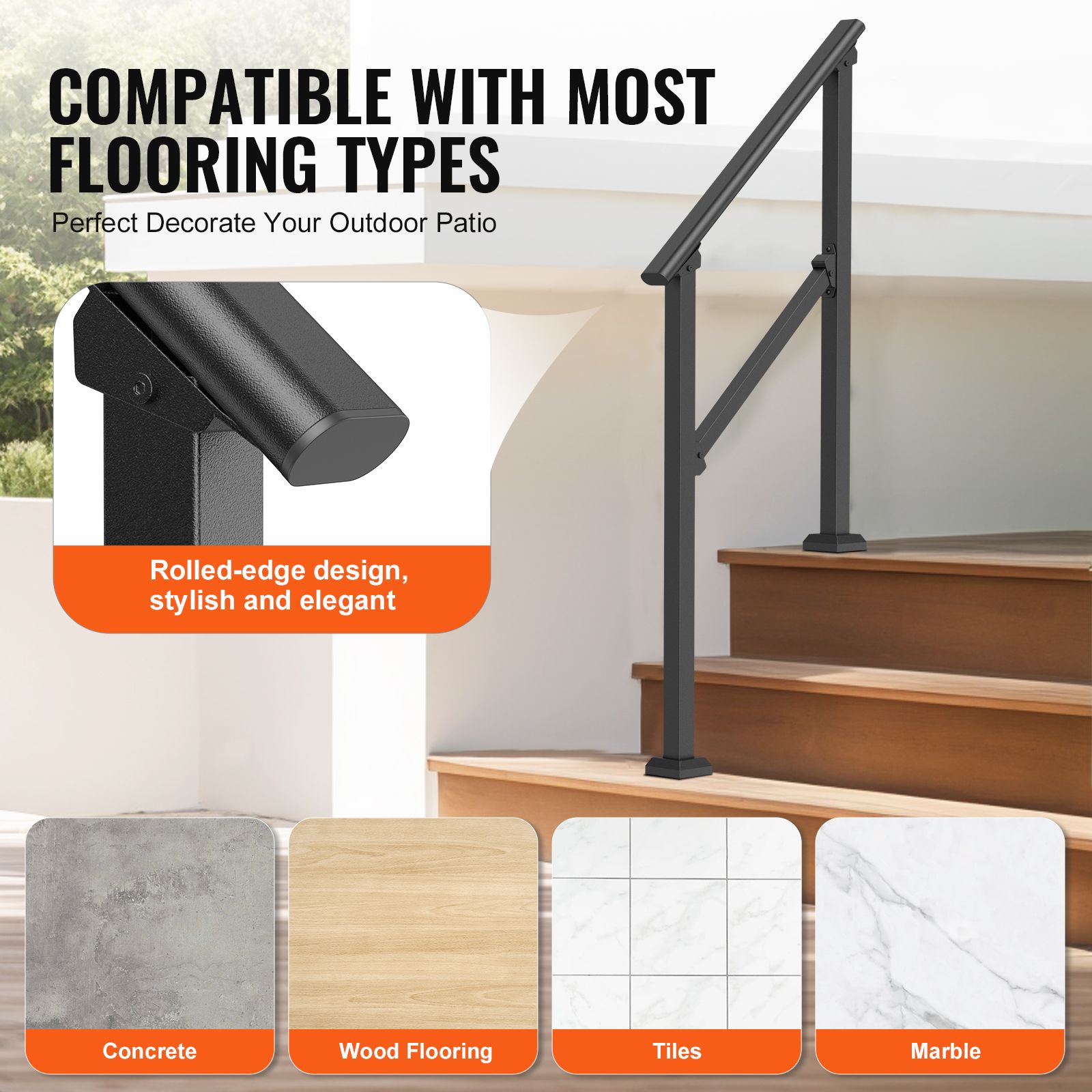Handrails for Outdoor Steps, 2-3 Step Stair Hand Rail Kit, Transitional Carbon Steel Railings with Installation Kit, Stair Rails for Seniors, Concrete Steps & Porch & Deck, Black Square Tube